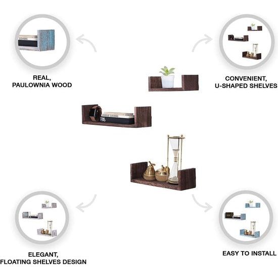 Rustiek zwevend rek in U-vorm in vintage design - set van 3 - inclusief schroeven en pluggen - landhuis houten planken voor slaapkamer, woonkamer en meer - rustiek design - bruin