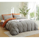 Pluizig beddengoed, 135 x 200 cm, grijs, oranje, winter, pluche, flanel, fleece, omkeerbaar beddengoedset, warme kasjmier touch, flanel, dekbedovertrek met ritssluiting en 1 kussensloop 80 x