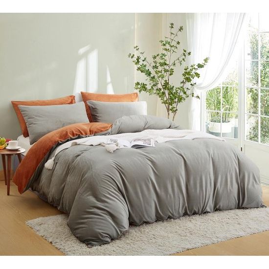 Pluizig beddengoed, 135 x 200 cm, grijs, oranje, winter, pluche, flanel, fleece, omkeerbaar beddengoedset, warme kasjmier touch, flanel, dekbedovertrek met ritssluiting en 1 kussensloop 80 x