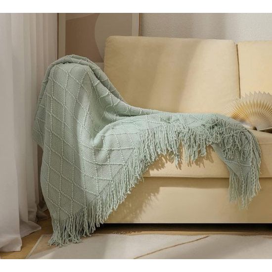 Woondeken, zacht, gebreid, wollen deken, kwastjes, knuffeldeken, sofadeken, slaapdeken, lichtgroen, 125 x 210 cm. Vertaling: Woondeken, zacht, gebreid, wollen deken, kwastjes, knuffeldeken, sofadeken, slaapdeken, lichtgroen, 125 x 210 cm.