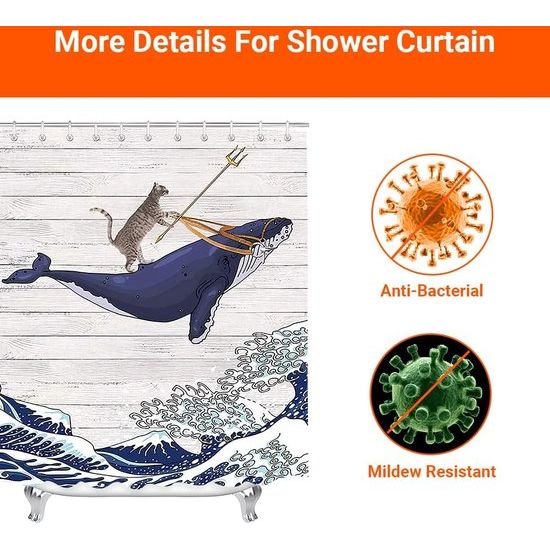 Shower Curtain, 120 x 200 cm, Cats and Dolphins, Weighted Hem, Anti-Mould Textile, Water-Repellent, Washable Polyester Bath Curtains with 8 Eyelets and Shower Curtain Rings for Bathroom,