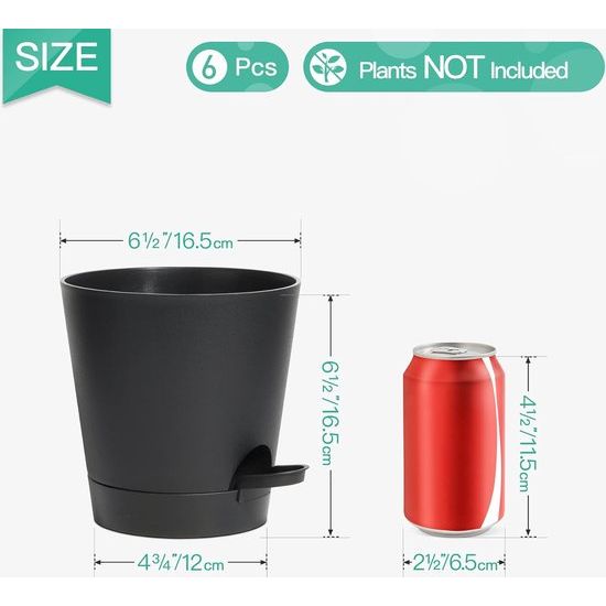 Bloempot, kunststof, met irrigatiesysteem, set van 6, zelfbewatering, met onderzetter, ronde plantenpot voor binnen en balkon, tuin, planten, vetplanten, cactussen, zwart