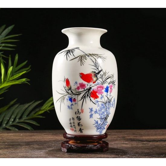 Chinese vogel- en bloemenvaas, Jing Dezhen witte kleine keramische vaas antieke vazen, kunst decoratieve vaas voor huishouden, kantoor, bruiloft, feest