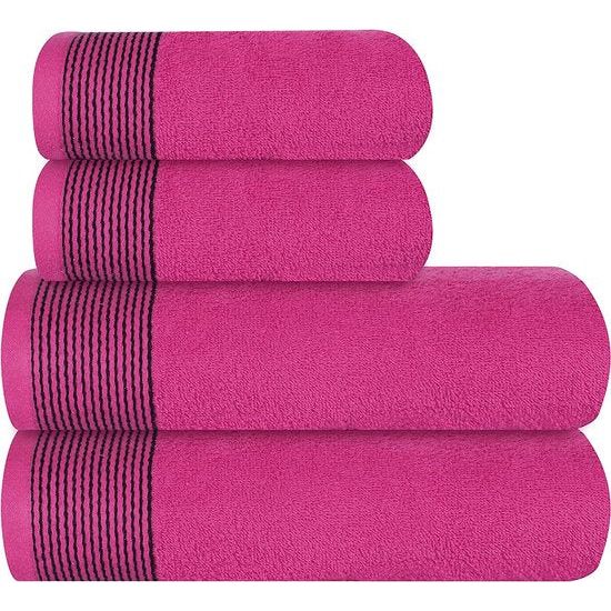 Set van 4 handdoeken, katoen, bevat 2 extra grote badhanddoeken 70 x 140 cm, 2 handdoeken 50 x 90 cm, voor dagelijks gebruik, compact en licht, warm roze