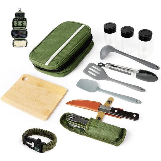 Camping Keukenhulpset met waterdichte tas voor camping kookgerei, camping servies, klein en draagbaar, geschiedenis voor buiten, wandelen, bergbeklimmen, camping set voor rugzakken