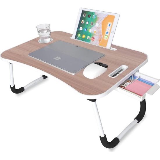 Opklapbare laptoptafel, bedblad, leesstandaard, computertafel, ontbijtblad, bijzettafel, tafel om te werken, studeren, ontbijten of films kijken (hout, met lade)