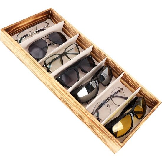 Kurtzy Houten Zonnebril Display Organizer Doos - 7 Compartimenten voor 7 Brillen - 7 Slots voor Zonnebrillen, Oogmode en Brillen - Bruin/Natuurlijk Unisex Zonnebril Kast