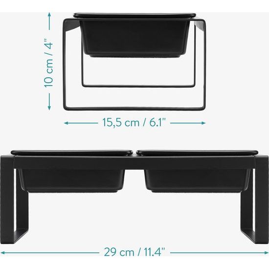 Navaris verhoogde voerbakken voor kat - Met 2 aardewerk kommen van 250 ml - Hoogte 10 cm - In zwart