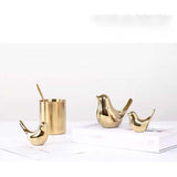 Set van 2 vogelbeelden, moderne dierensculpturen, keramische huissculptuur decoratie voor ornamenten in de woonkamer, slaapkamer, kantoor, bureau en kasten (goud)