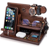 Houten telefoon docking station als boom portemonnee standaard & horloges organizer heren kerstcadeau Echtgenoot Echtgenote Jubileum vader verjaardag nachtkastje portemonnee vader afstuderen man (bruin)