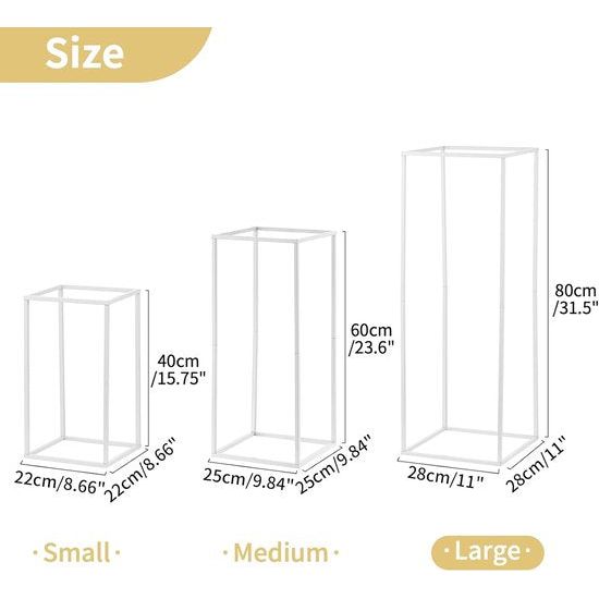 2 witte vazen voor bruiloftsborden, metalen bloemenvloervaas, zuilbloemenstandaard, bloemenvaas van 80 cm hoog met geometrisch patroon, rechthoekig bloemenrek voor bruiloftsdecoratie.