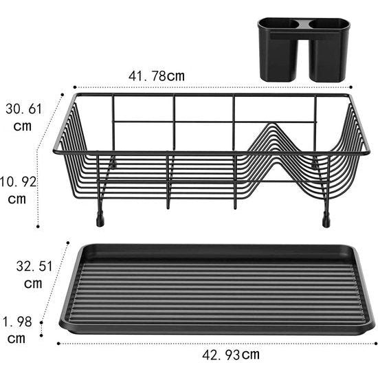 Afdruiprek voor servies, zwart, afdruiprek voor servies, met bestekhouder en afdruipbak van plastic voor het afdruiprooster