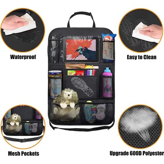 Set van 2 auto-achterbankbeschermers, auto-achterbank-organizer voor kinderen, autostoel-organizer, iPad/Tablet-compartiment, kickmat-beschermer voor autostoel, 600D Oxford-stof, waterdichte achterbankbeschermer (zwart)