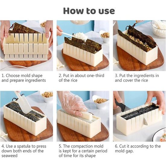 Sushi Maker Kit All In One Sushi-set 12 stuks complete sushi making tool met 8 verschillende vormen van sushi rijstrolvorm DIY huis sushi tool off (wit)