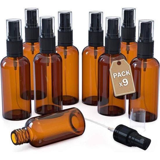 Set 9 spuitflessen van glas, 100 ml. Bruin glas spuitflessen. Navulbare reisflessen. Verstuivers voor parfums en cosmetica.