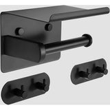 Toilet Paper Holder without Drilling, with Shelf Toilet Paper Holder Matte Black, Wall Toilet Paper Holder, Self-Adhesive, with 2 Adhesive Hooks, Stainless Steel