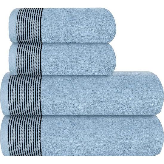 4 handdoeken, katoen, bevat 2 extra grote badhanddoeken 70 x 140 cm, 2 handdoeken 50 x 90 cm, voor dagelijks gebruik, compact en licht, hemelsblauw