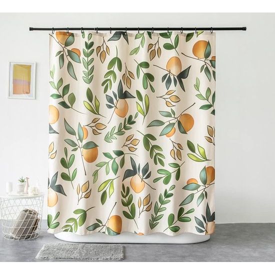 Douchegordijn 180x200 beschimmelde stof met bloemenpatroon, oranje perzik groen blad douchegordijn beige, betrouwbare kleurrijke douchegordijnen badkamer waterdicht gewogen (180 x 200 cm)