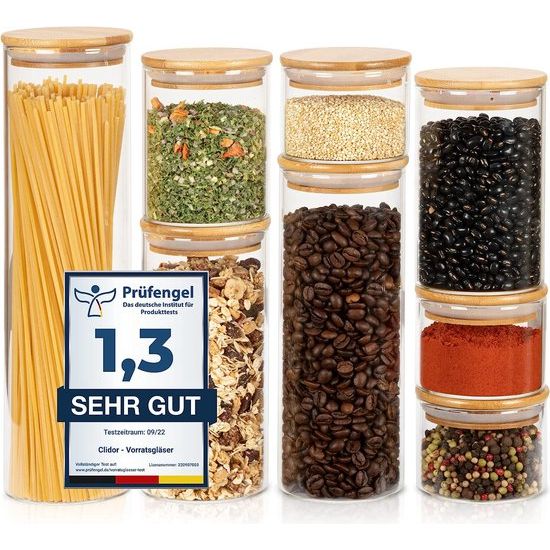 Voorraadpotten, set van 8 stuks, premium 3 mm glasdikte, luchtdichte voorraadpot met bamboedeksel, stapelbare voorraadpotten van glas