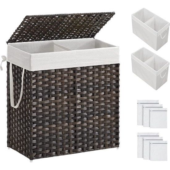 Wasmand handgevlochten, 110L wasverzamelaar van synthetisch rotan, met deksel en handgrepen, wassorteerder, opvouwbaar, uitneembare waszak, bruin,