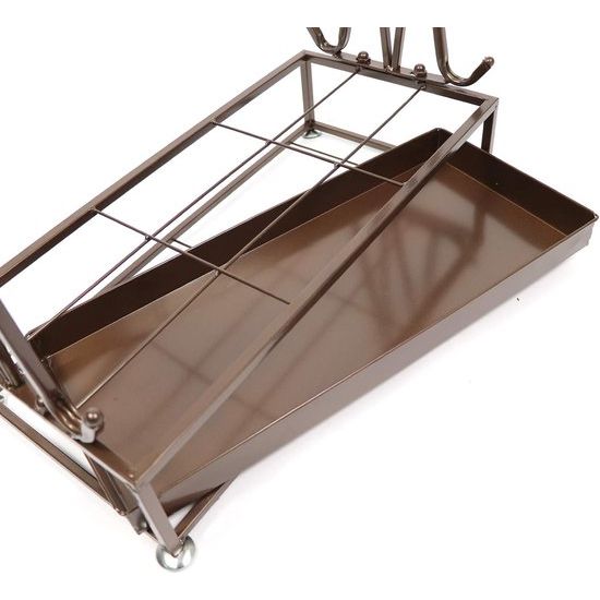 Extra grote bruine metalen 21-gaats rechthoekige paraplubak met 24 haken en gratis regenwaterbak 70 x 50 x 24 cm