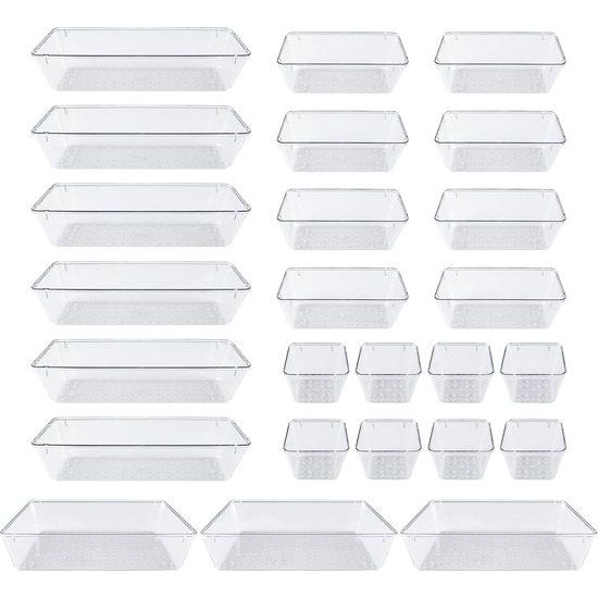25 stuks lade-opbergsysteem, lade-organizer, transparant, kunststof, met 4 maten, make-up-organizer, te gebruiken voor make-up, organizer, keuken, badkamer, kantoor