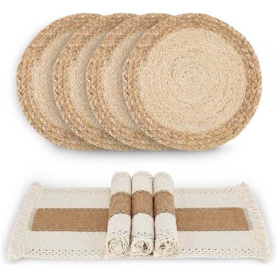 Handgemaakte Boho Placemats Set van 4 - Natuurlijke katoenen Hessische en Waterstro Geweven Combinatie Placemats Macramé Decor en Boerderijstijl Placemats voor Eettafel Keuken