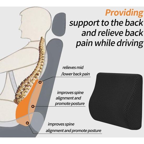Lumbar kussen voor de auto, lendenkussen, traagschuim, ergonomisch rugkussen voor autostoelen, bureaustoel, rolstoel (zwart)
