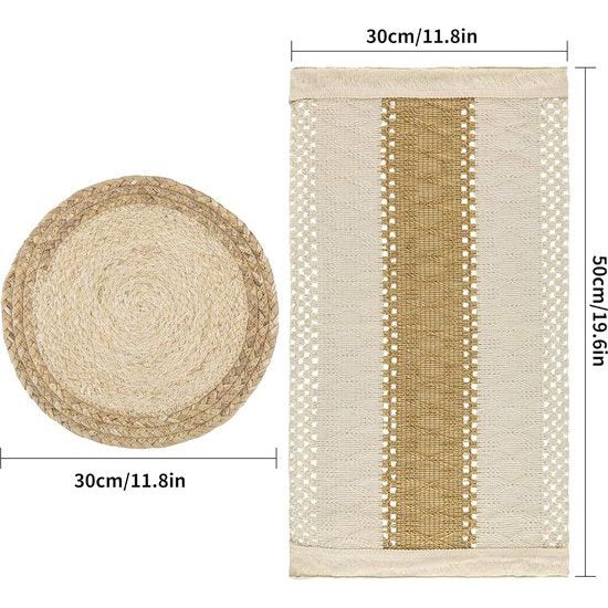 Handgemaakte Boho Placemats Set van 4 - Natuurlijke katoenen Hessische en Waterstro Geweven Combinatie Placemats Macramé Decor en Boerderijstijl Placemats voor Eettafel Keuken