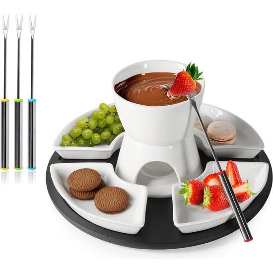 11-delige fondueset bestaande uit dienblad, 4 vorken, 4 schalen, theelichthouder en keramische kom - smeltpot optimaal voor choco-, kaas- en vleesfondue (set met dienblad)