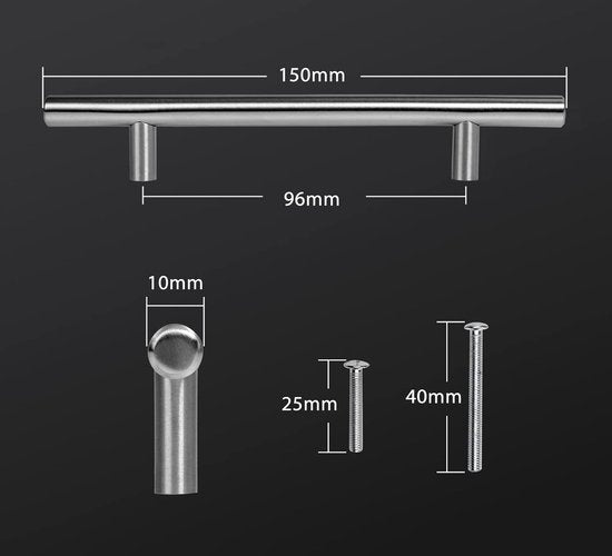 20 stuks 96 mm roestvrij stalen meubelgrepen boorgatafst geborsteld stanggreep relinggrepen roestvrij stalen buis Ø 10 mm herbruikbaar