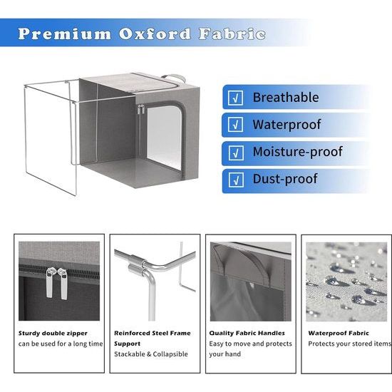 2 stuks opbergdozen voor kleding, opvouwbare kledingopbergbox met metalen frame en 3 ramen, opbergtas voor dekbedden, dekens en kleding, grijs (66 liter)