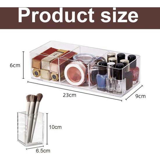 Cosmetische organizer, make-up-opbergdoos, cosmeticakwast, doorzichtige make-upkwastenhouder met 3 vakken, make-upbox voor eyeliners, kwast, lippenstift, make-uptafel, accessoires, opslag, 1 stuk