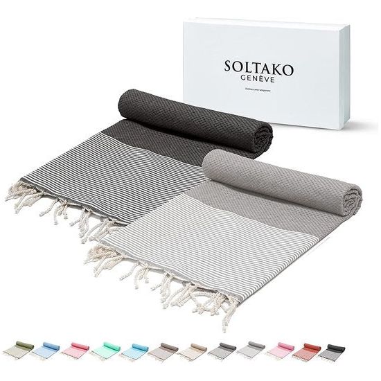 XXL Fouta strandhanddoek, handdoek, saunahanddoek, badhanddoek, hamamdoek, yogadeken, pestemal, dames heren, cadeauset, extra groot, licht, 100 x 200 cm (antraciet-pastelgrijs, 2)