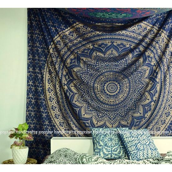 Origineel Goud Ombre Wandtapijt Mandala Wandtapijt Muurkunst Hippie Muurophangende Boheemse Sprei met Metallic Glans Wandtapijten 215 x 230 cm Blauw