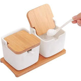 Kruidenpotjes, zoutpot met deksel, voorraaddoos, keramische suikerpot met deksel en lepel voor huis en keuken, kleine kruidendoos met houten dienblad voor zout, peper, kruiden, specerijen