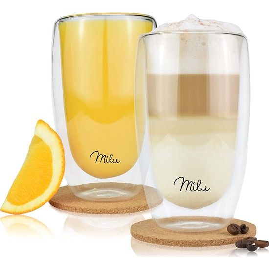 Dubbelwandig Thermo-glas Set geïsoleerd - Dubbelwandige glazen boriumsilicaatglas - Theeglas Latte Macchiato, Cappuccinoglazen, Koffieglazen (2 Drinkglazen, 450ml)