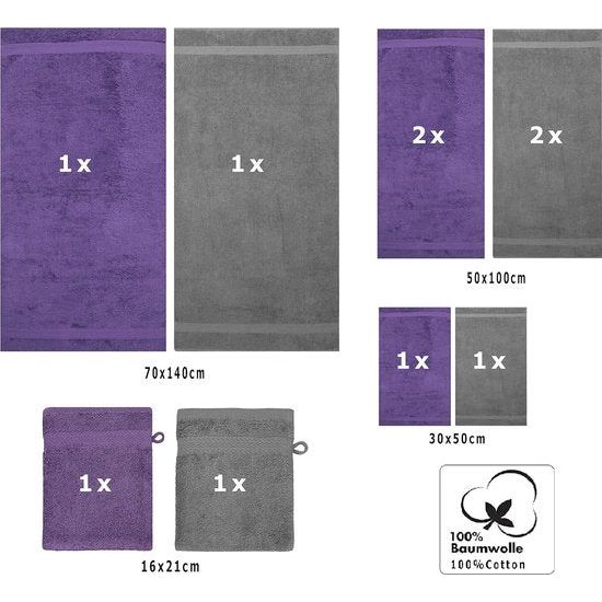 10-delige badstof handdoekenset - 2x douchehanddoeken - 4x handdoeken - 2x gastendoekjes - 2x washandjes - kleur paars & antraciet