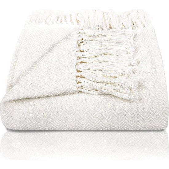 Premium sprei met franjes, 100% katoen, 220 x 240 cm, XXL, visgraatpatroon, zomerdeken, katoenen deken als bedsprei, bankdeken, bankdeken (crème)