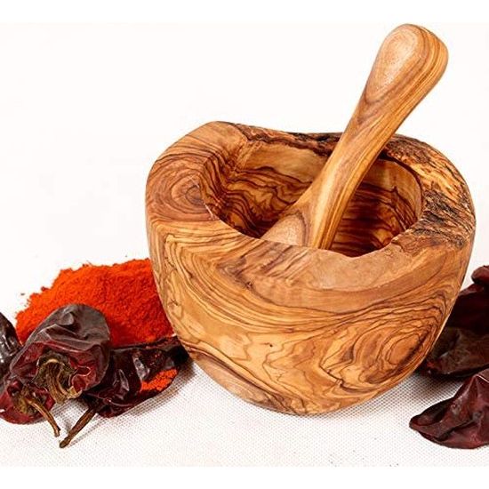 Vijzel met stamper van olijfhout, kruidenvijzel, handgemaakt met natuurlijke rand, keukenvijzel, houten vijzel - duurzame kruiden-, kruidenvijzel (Ø 12 cm)