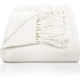 Premium sprei met franjes, 100% katoen, 180 x 240 cm, visgraatpatroon, zomerdeken, katoenen deken als bedsprei, bankdeken, crèmekleurig