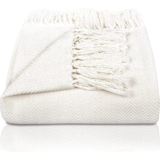 Premium sprei met franjes, 100% katoen, 180 x 240 cm, visgraatpatroon, zomerdeken, katoenen deken als bedsprei, bankdeken, crèmekleurig