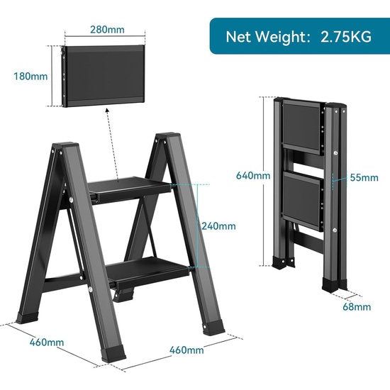 Trapladder, 2 treden inklapbaar aluminium vouwtrap, trapladder met breed anti-slip pedaal, draagbare vouwladder, opvouwbaar, huishoudelijk opstap, lichte staande ladder tot 150 kg, zwart