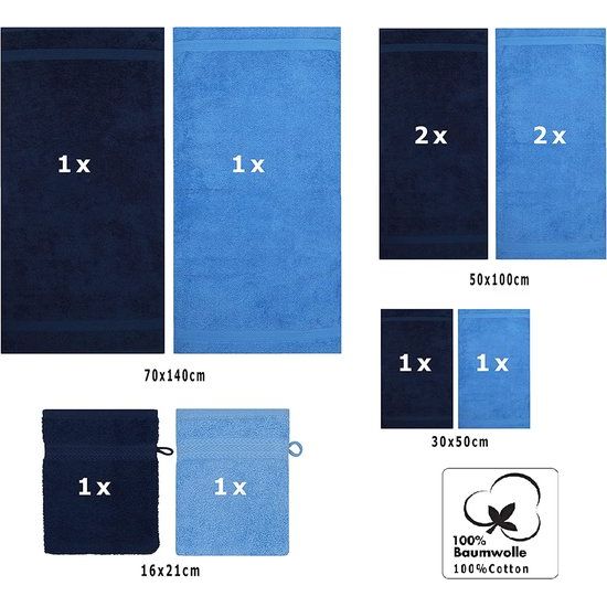 Betz 10-delige handdoekenset premium 100% katoen 2 douchehanddoeken 4 handdoeken 2 gastendoekjes 2 washandjes kleur donkerblauw & lichtblauw