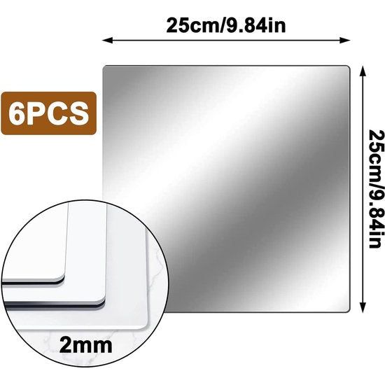 6 stuks zelfklevende spiegelfolie voor meubels, slaapkamer, wanddecoratie, 25 x 25 x 0,2 cm