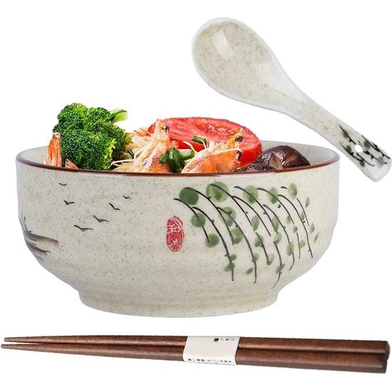 Ramen Bowl, Japanse Bowl Keramiek, Ramen Bowl met Lepel Eetstokjes, Ramen Bowl, Soepkommen, Porselein, Slakommen