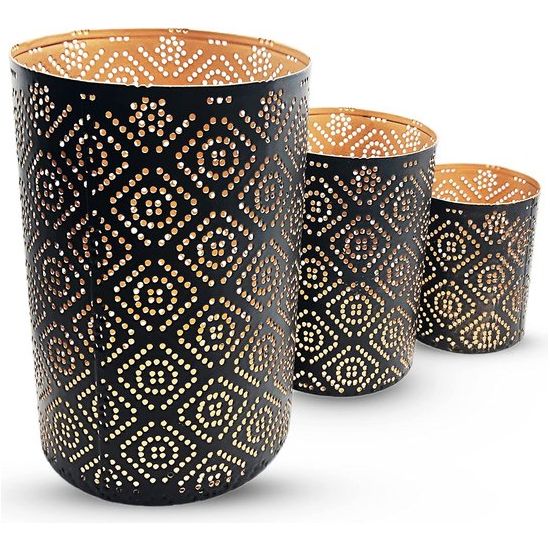 Lantaarn Set Oosterse Decoratie - Kaars/Theelichthouder Goud Zwart - Metaal - Marokkaans/Indiaas Modern Woondecoratie Lamp/Lantaarn, 3 Stuks