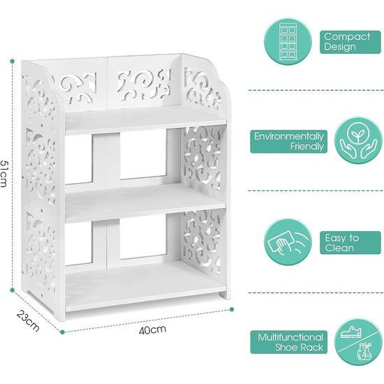 Schoenenkast, schoenenrek, schoenenrek, entree schoenenrek, PVC opbergrek voor cd-boeken, geperforeerd patroon, wit (3 planken)