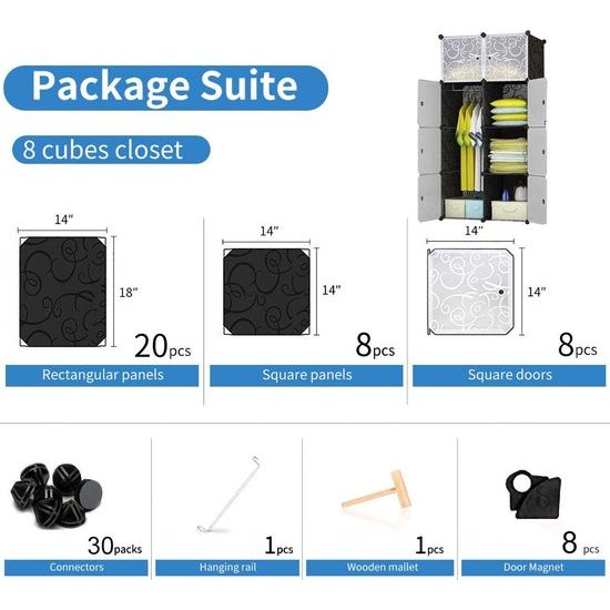 Kledingkast met 8 kubussen, garderobekast, steekreksysteem, kunststof kast met deuren en 1 hanger, diepere vakken dan normaal (45 cm vs. 35 cm) voor meer ruimte