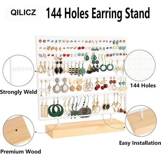 QILICZ Sieradenstandaard, oorbelhouder, oorbelstandaard, 144 gaten, oorstekers, standaard, oorbel, organizer, sieradenhouder, oorsieraad-display, sieradenopslag, 30 x 30 cm, wit